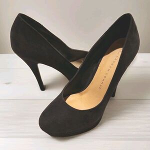 LC Lauren Conrad 5" Stiletto Womens Sz 6 Black Faux Suede Platform Pumps Johanna